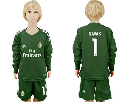 Real Madrid #1 Navas Green Goalkeeper Long Sleeves Kid Soccer Club Jersey - Click Image to Close